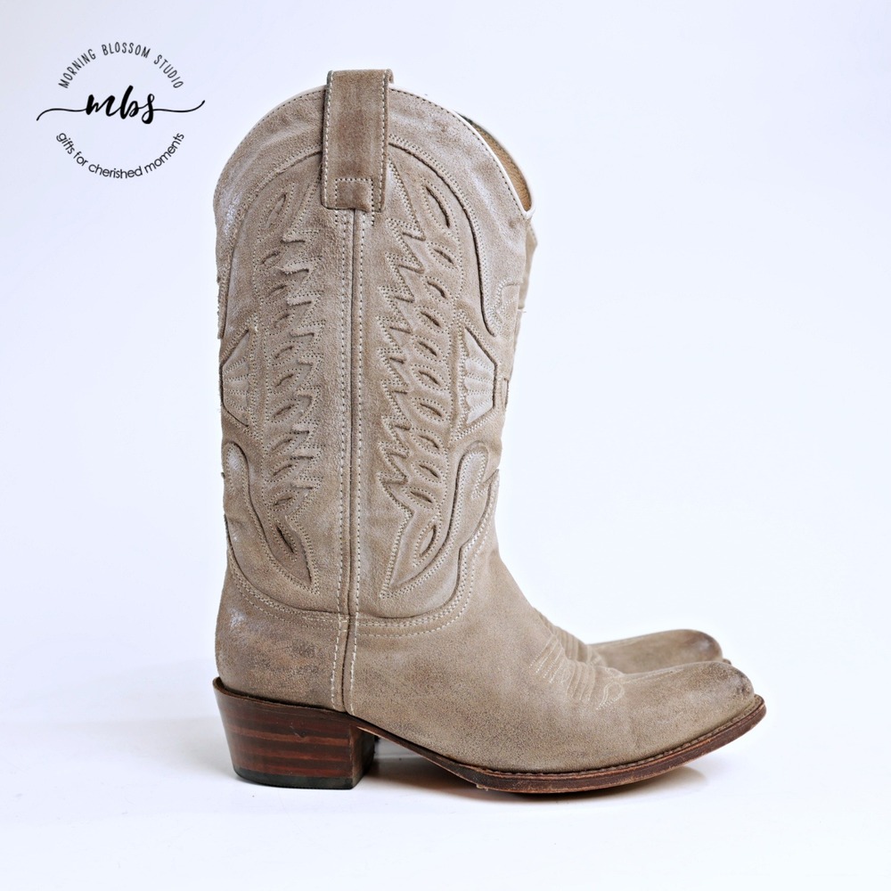 Sendra Mid-Calf Pointed Snip Toe Distressed Suede Cowboy Boots Taupe Women 6.5